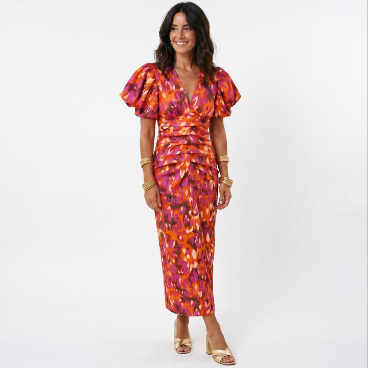 Stylish Midi Dress with Puff Sleeves for Women