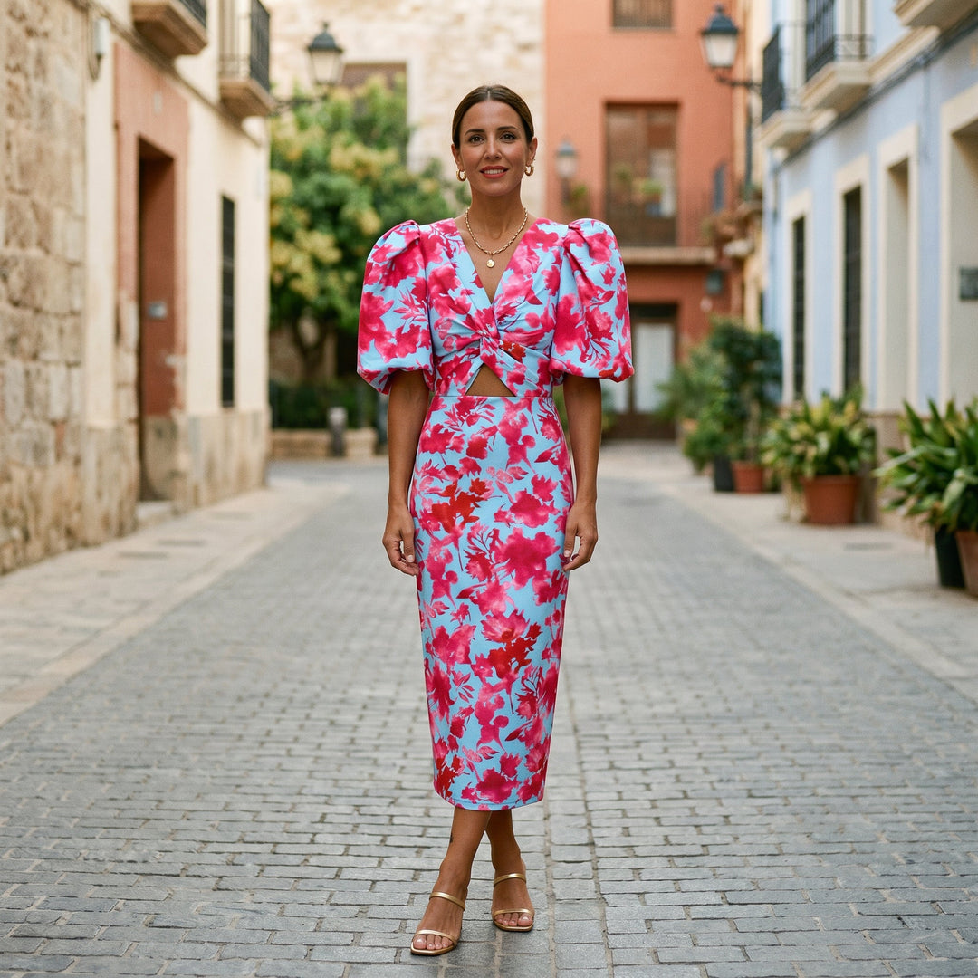 Stylish Midi Dress with Puff Sleeves for Women