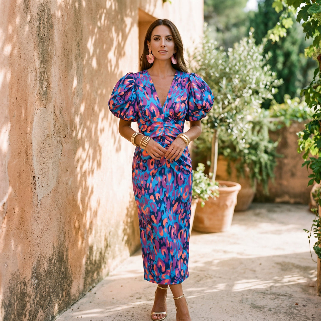 Stylish Midi Dress with Puff Sleeves for Women