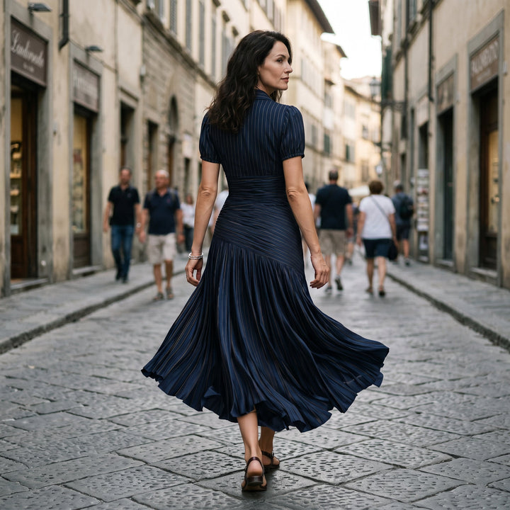 Elegant Wedding Guest Midi Dress with Stripes