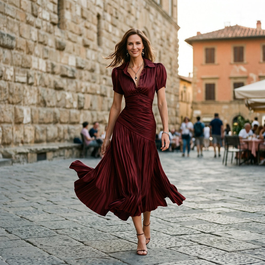 Elegant Wedding Guest Midi Dress with Stripes