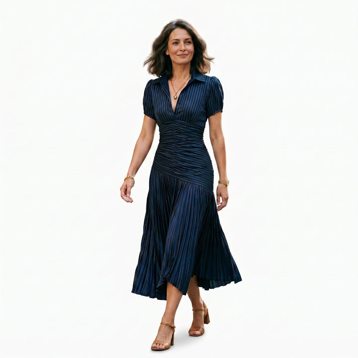 Elegant Wedding Guest Midi Dress with Stripes