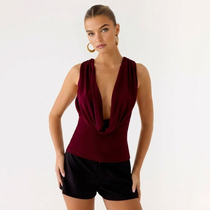 Women’s Elegant Backless Top with Draped Cowl Neck