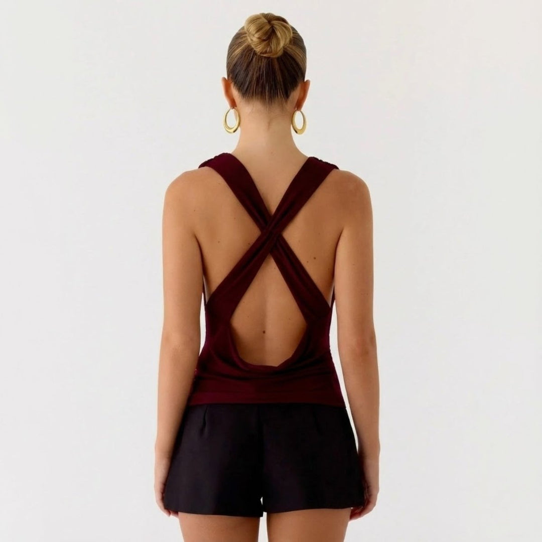 Women’s Elegant Backless Top with Draped Cowl Neck