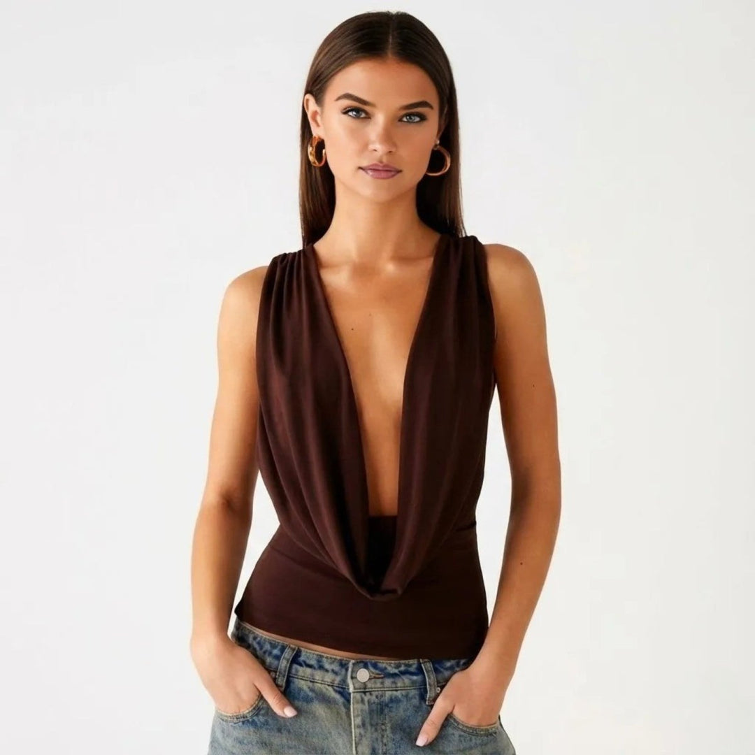 Women’s Elegant Backless Top with Draped Cowl Neck