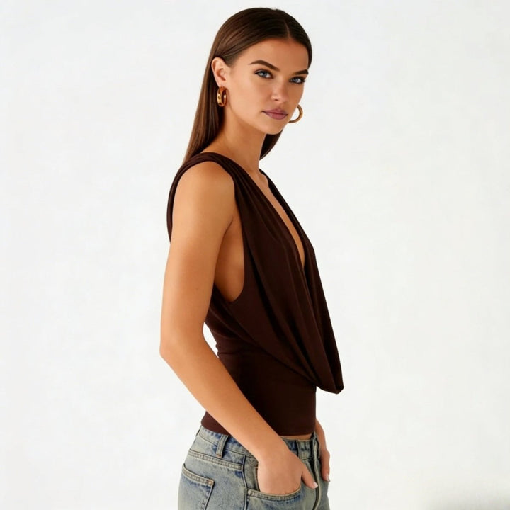 Women’s Elegant Backless Top with Draped Cowl Neck