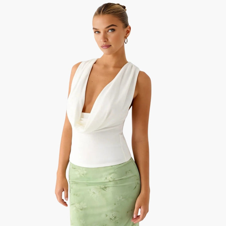 Women’s Elegant Backless Top with Draped Cowl Neck